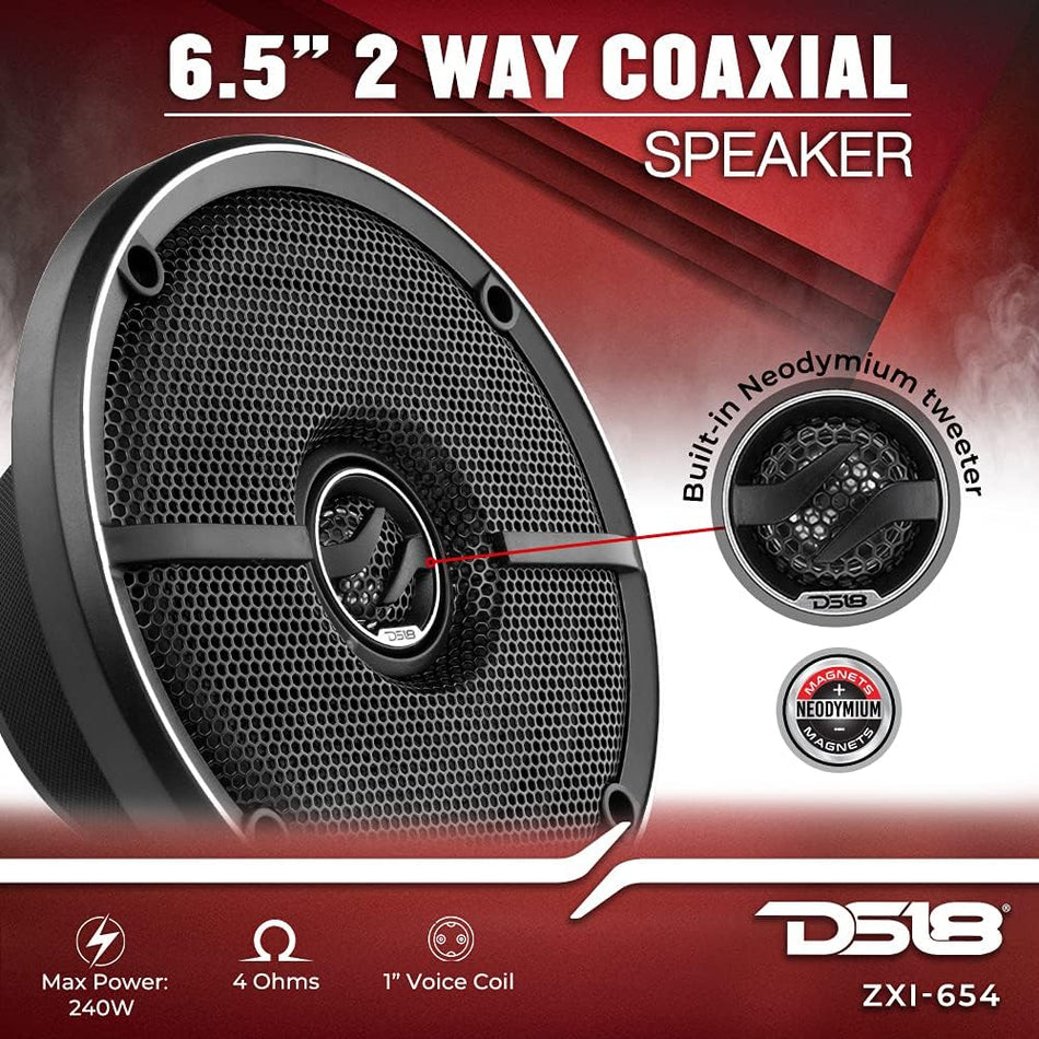DS18 ZXI-654 Premium 6.5-Inch 2-Way Coaxial Car Speakers, 240 Watts Max, 80 Watts RMS, 4-Ohm Elite Series Loudspeakers with Kevlar Cone & Built-In Neodymium Tweeter (Pair)