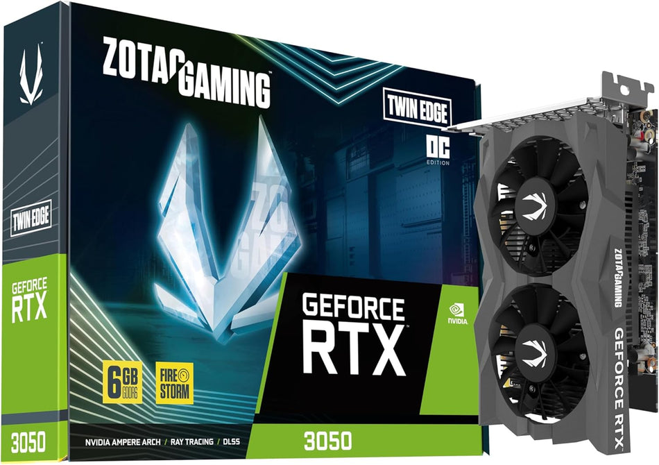 ZOTAC GAMING GeForce RTX 3050 Twin Edge OC 6G Graphics Card – Factory Overclocked 6GB GDDR6 96-bit Low-Profile Power GPU Equipped with Dual 70mm FREEZE Fan Stop Cooling and PCIe Bus Power (ZT-A30510H-10L)