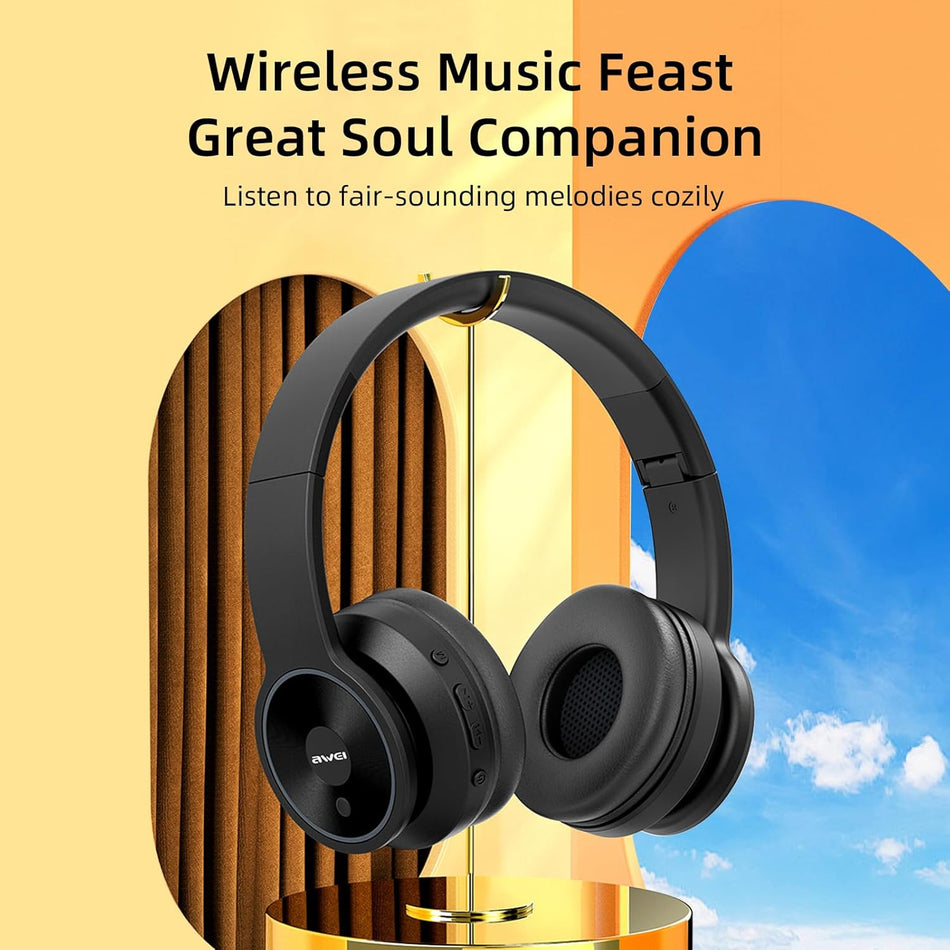 Awei A996BL Wireless V5.0 Bluetooth Headphone Over The Ear Headphones, 16 Hours of Play Time Full Range Speakers with Soft Protein Earpads for Cellphone/TV/PC/Home Office Earphones Black