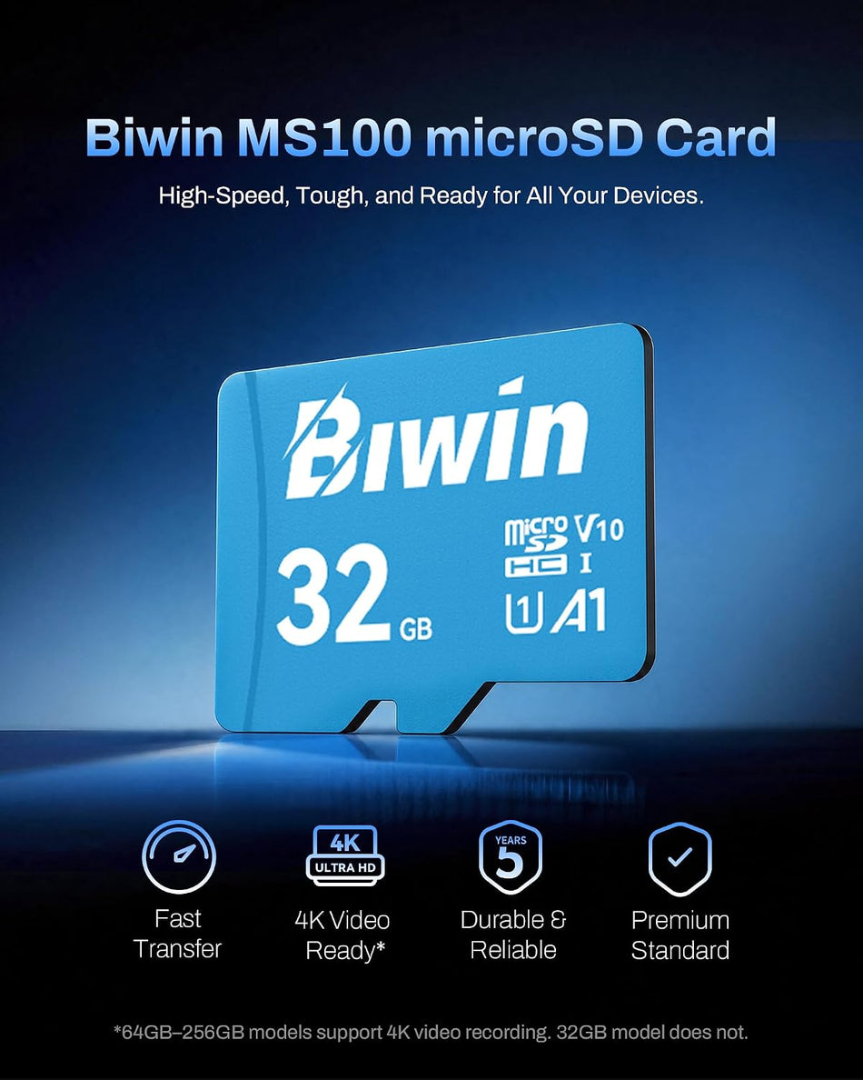 Biwin MS100 Micro SDXC Card 32GB, MicroSD UHS-I Memory Card, A1, V10, U1 Class 10, Up to 100 MB/s Read Speeds for Smartphones, Tablets, Home Security Camera and Dash Cams