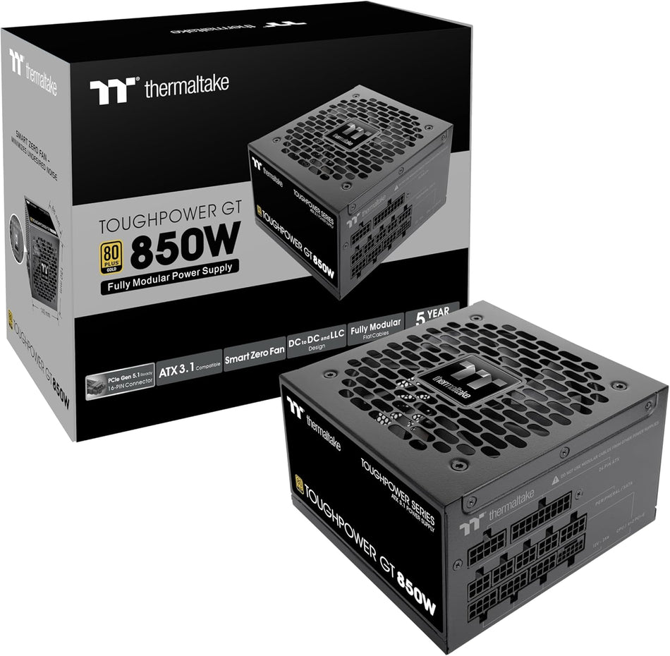 Thermaltake Toughpower GT 850W ATX 3.1 Standard Fully Modular Power Supply, 80 Plus Gold Efficiency, Native 450W PCIe 5.1 Connector