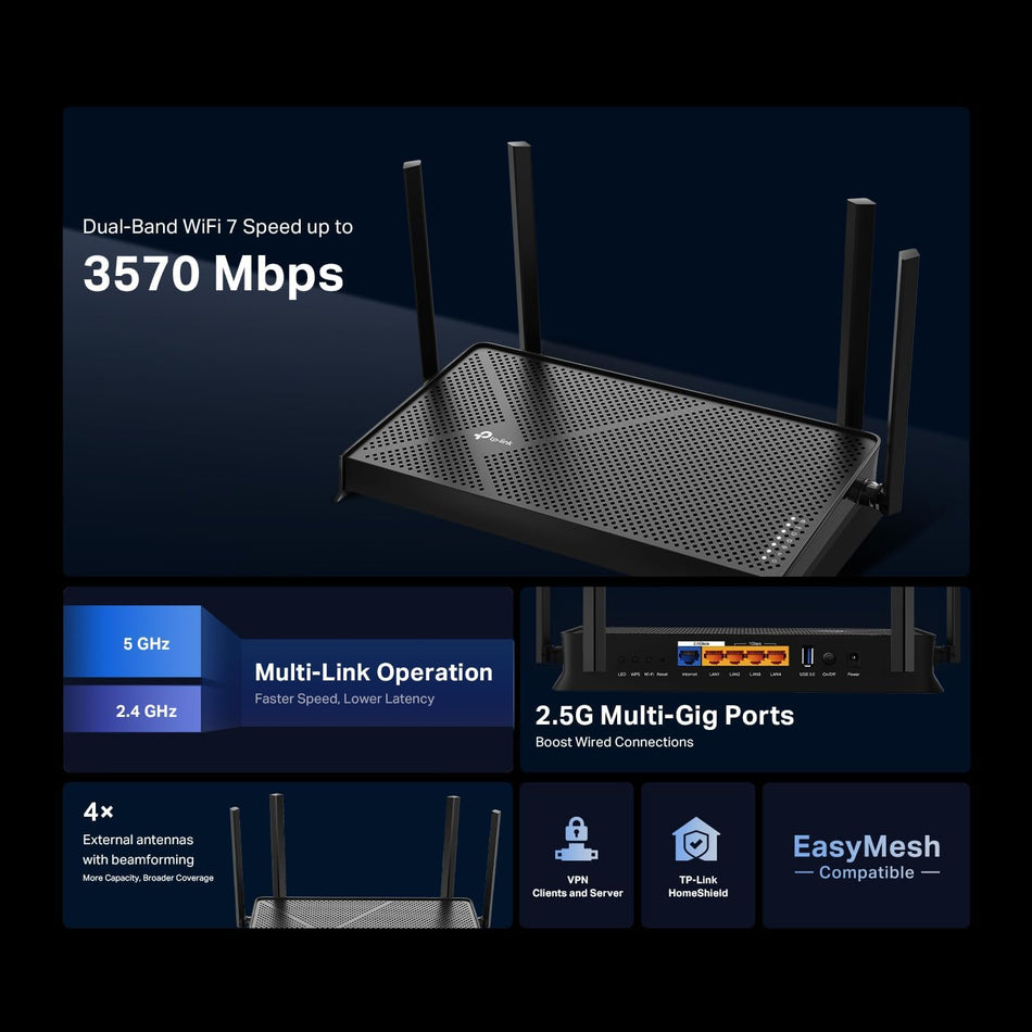 TP-Link Dual-Band BE3600 Wi-Fi 7 Router Archer BE230 | 4-Stream | 2×2.5G + 3×1G Ports, USB 3.0, 2.0 GHz Quad Core, 4 Antennas | VPN, EasyMesh, HomeShield, MLO, Private IOT | Free Expert Support