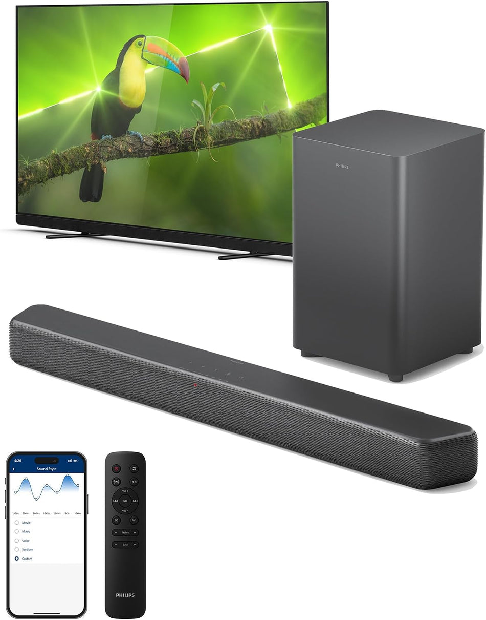 Philips TAB5309/10 Soundbar 2.1 with Wireless Subwoofer - Immersive 240W Max Power, Deep Bass, Bluetooth 5.4, Four EQ Modes, HDMI ARC & USB Connectivity