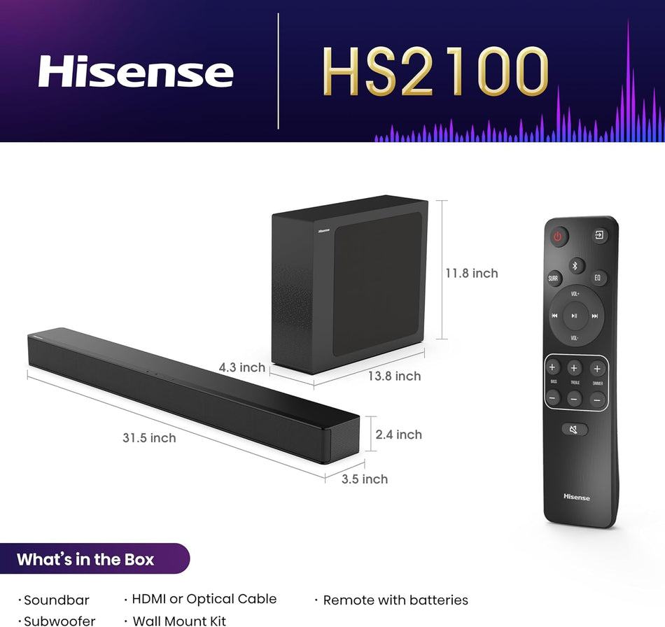 Hisense HS2100 2.1 Channel Soundbar System with 5.25" Wireless Subwoofer, 240W Max Output, Dolby Digital, HDMI ARC, Bluetooth, and EZPlay Technology