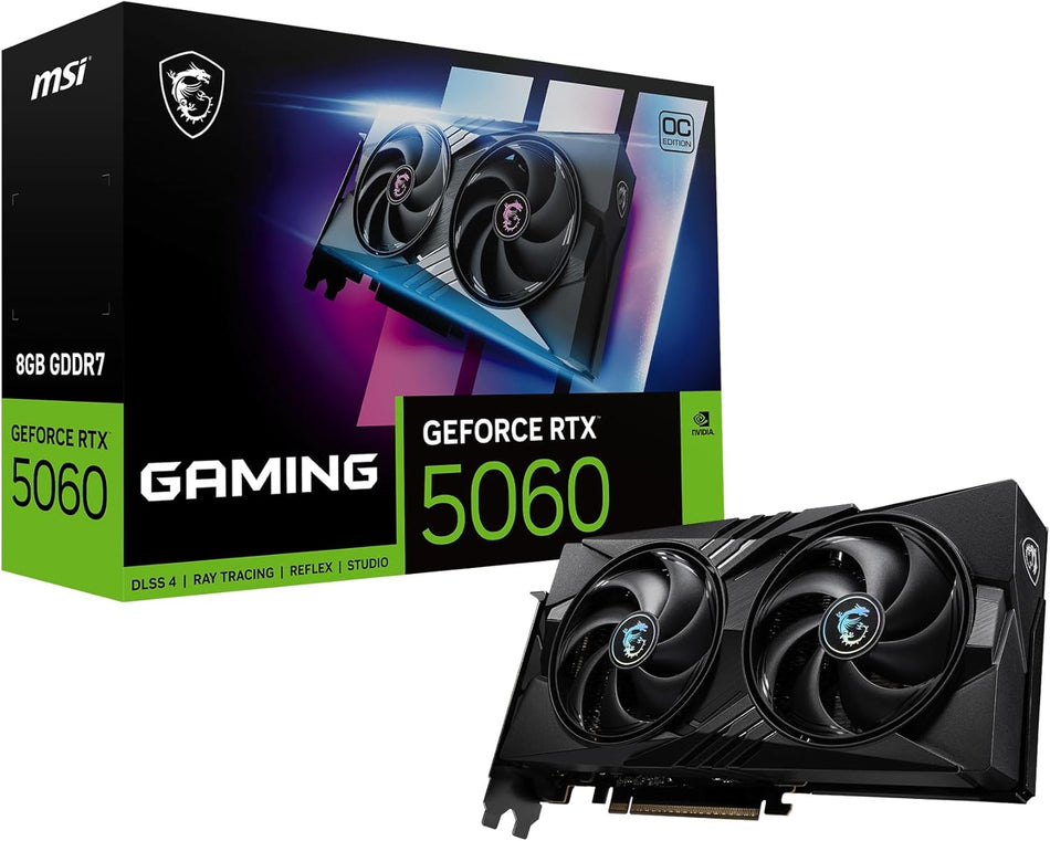 MSI Gaming RTX 5060 8G Gaming OC Graphics Card (8GB GDDR7,128-bit, Extreme Performance: 2640 MHz, DisplayPort x3 2.1a, HDMI 2.1b, NVIDIA Blackwell Architecture)