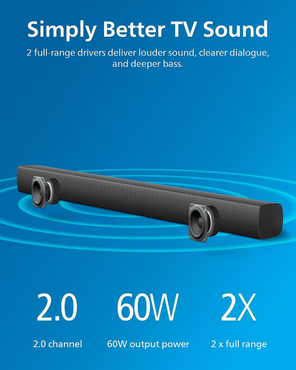 Philips TAB4208/98 2.0 Channel Bluetooth Soundbar - HDMI ARC, Roku TV Ready, 60W Max Power, Grey