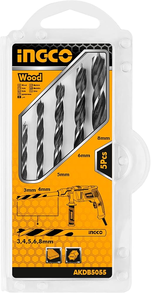 Ingco 5-Piece Wood Drill Bit Set | Carbon Steel Brad Point Boring Bits for Carpentry and Furniture Assembly (AKDB5055)