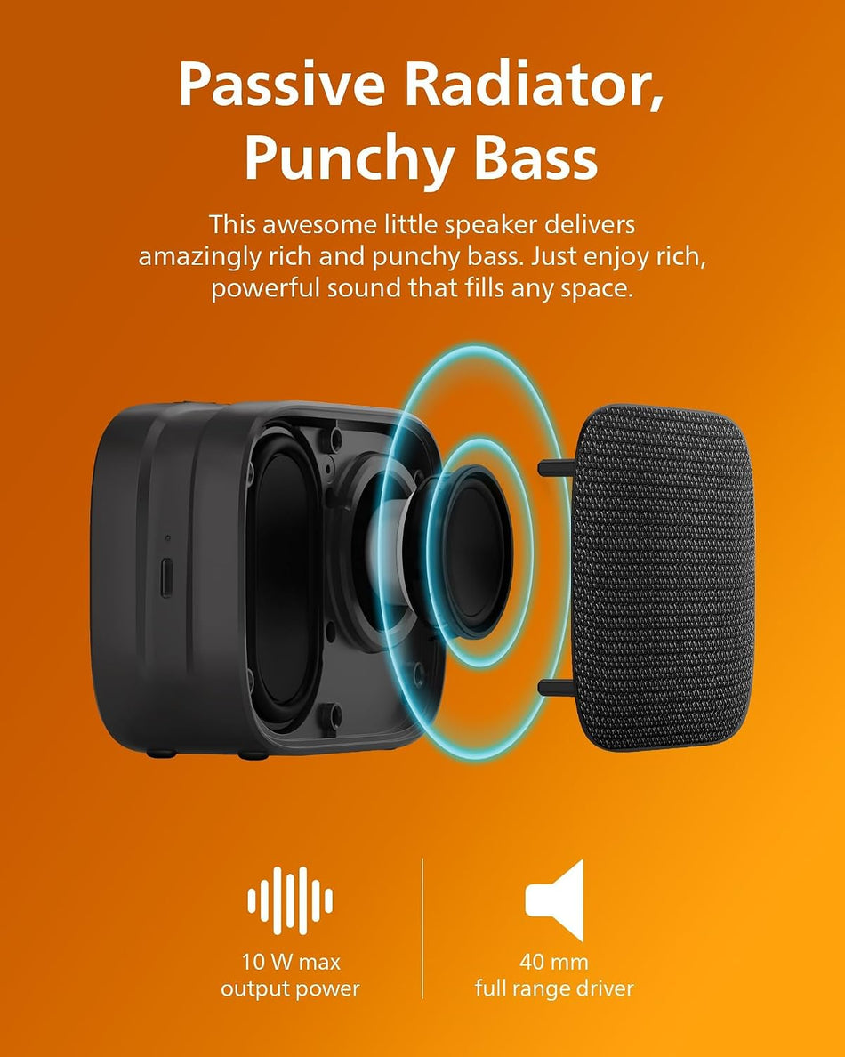 Philips TAS1509BK/37 Portable Bluetooth Speaker, Wireless Speaker with Extra Bass, 12H Battery, TWS Stereo Pairing, Bluetooth 5.3 & IPX7 Waterproof - Black