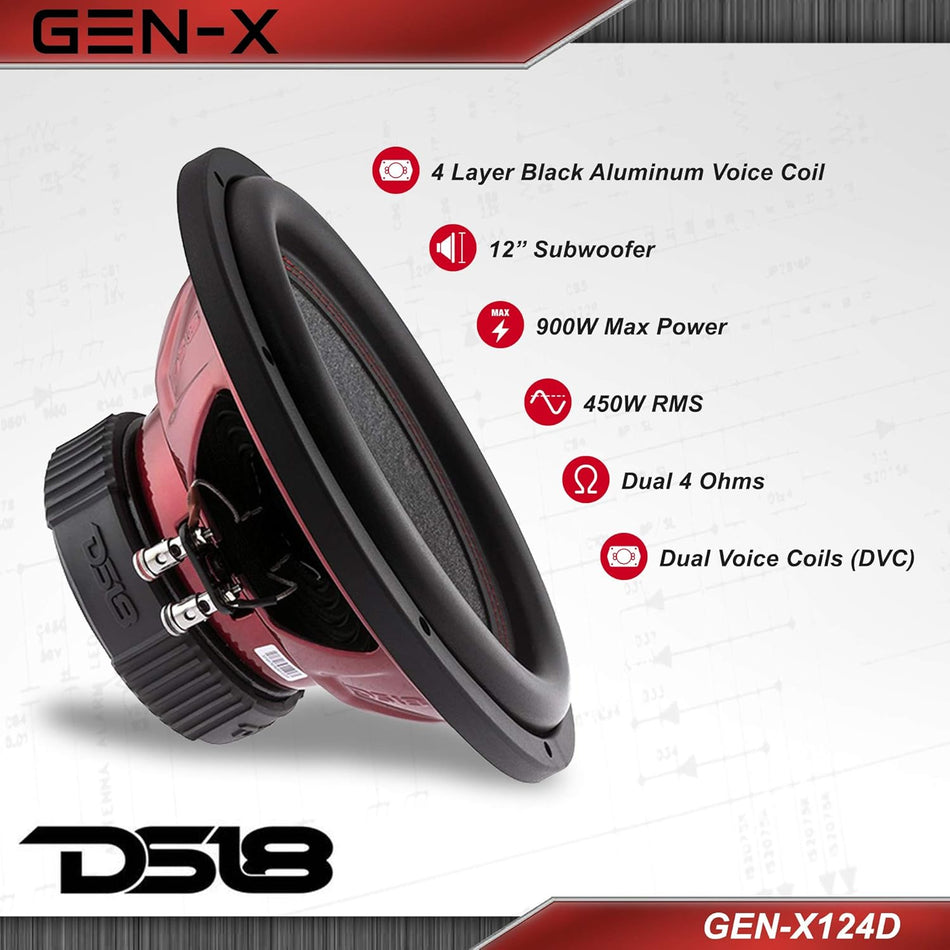 DS18 GEN-X124D Generation-X 12-Inch Dual 4-Ohm Subwoofer, 900 Watts Max, 450 Watts RMS, High-Excursion Car and Truck Audio Bass Loudspeaker (Single)
