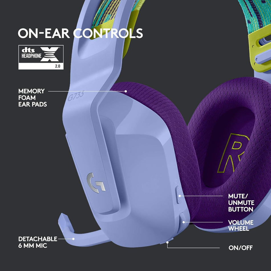 Headset Logitech G733 LIGHTSPEED Wireless Gaming Headset with suspension headband, LIGHTSYNC RGB, Blue VO!CE mic technology and PRO-G audio drivers - Lilac