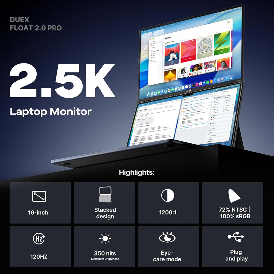 Duex Float 2 Pro 2.5 K Portable Monitor, 16" Laptop Screen Extender (Built-in Kickstand), USB C/HDMI Stacked Monitor Extender with Dual Speakers, Windows, MacOS, Switch, Android