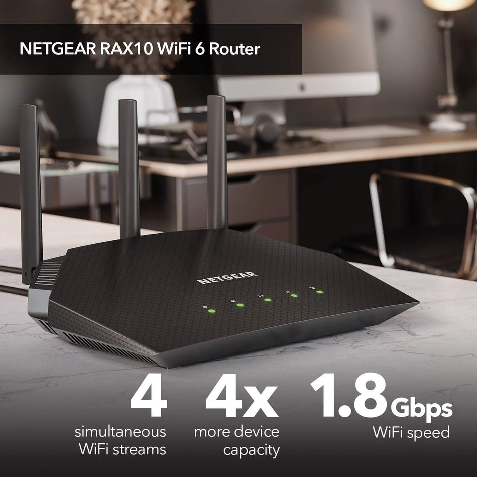 NETGEAR Wi-Fi 6 Router RAX10 | AX1800 Wireless Speed (Up to 1.8 Gbps) | 4-Stream Dual-Band Gigabit Coverage | Up to 1,500 sq. ft. & 20 Devices | WPA3 Security
