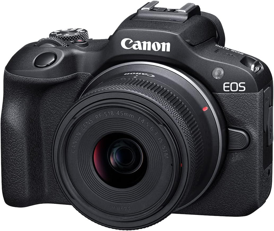 Canon EOS R100 Mirrorless Camera RF-S18-45mm F4.5-6.3 is STM Lens Kit, 24.1 MP CMOS APS-C Sensor, 4K Video, Wi-Fi, Bluetooth, Shoulder bag, SD Card 64GB, Battery pack