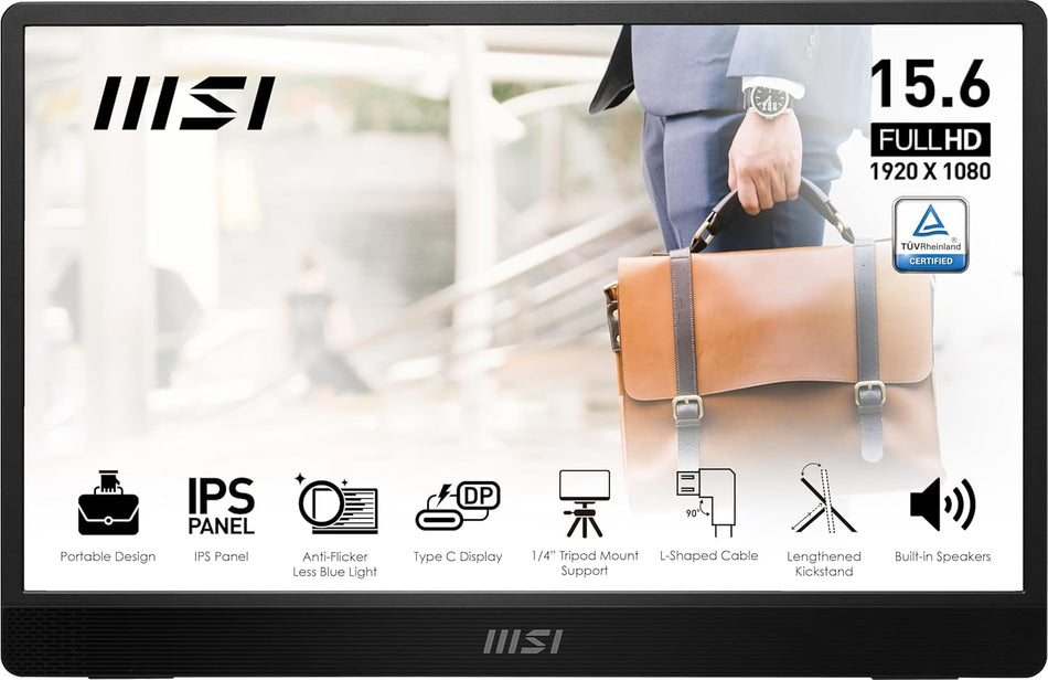MSI PRO MP161 E2 15.6" FHD Portable IPS 60Hz 4ms(GtG) AdaptiveSync mini HDMI2.0b, 2x USB-C PD15W, Spk, ¼" Tripod Mount Support, Extended Kickstand Ultra-Slim Design