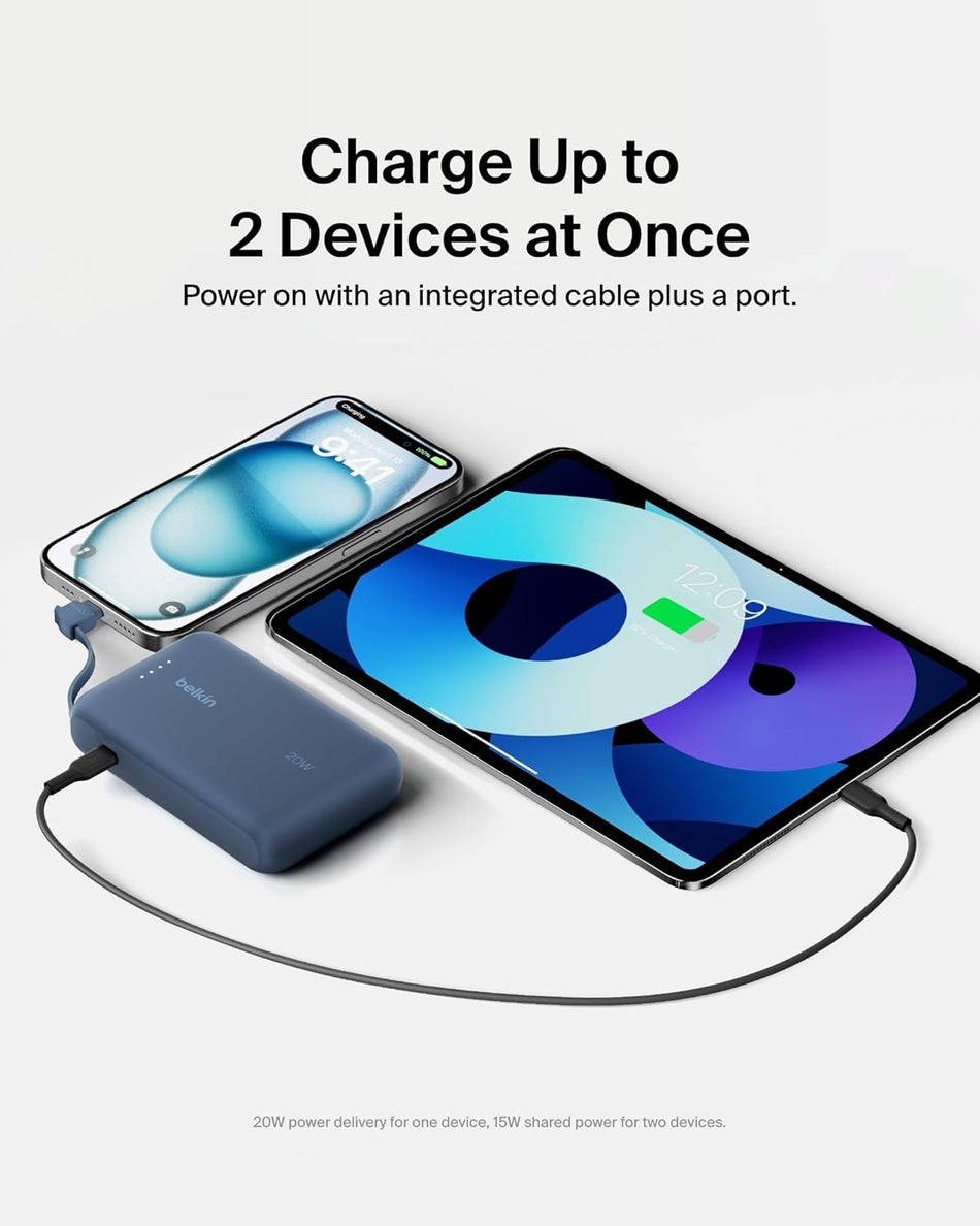 Belkin BoostCharge power bank 10000mAh, portable power bank with integrated cable PD 20W, fast charge USB-C power delivery