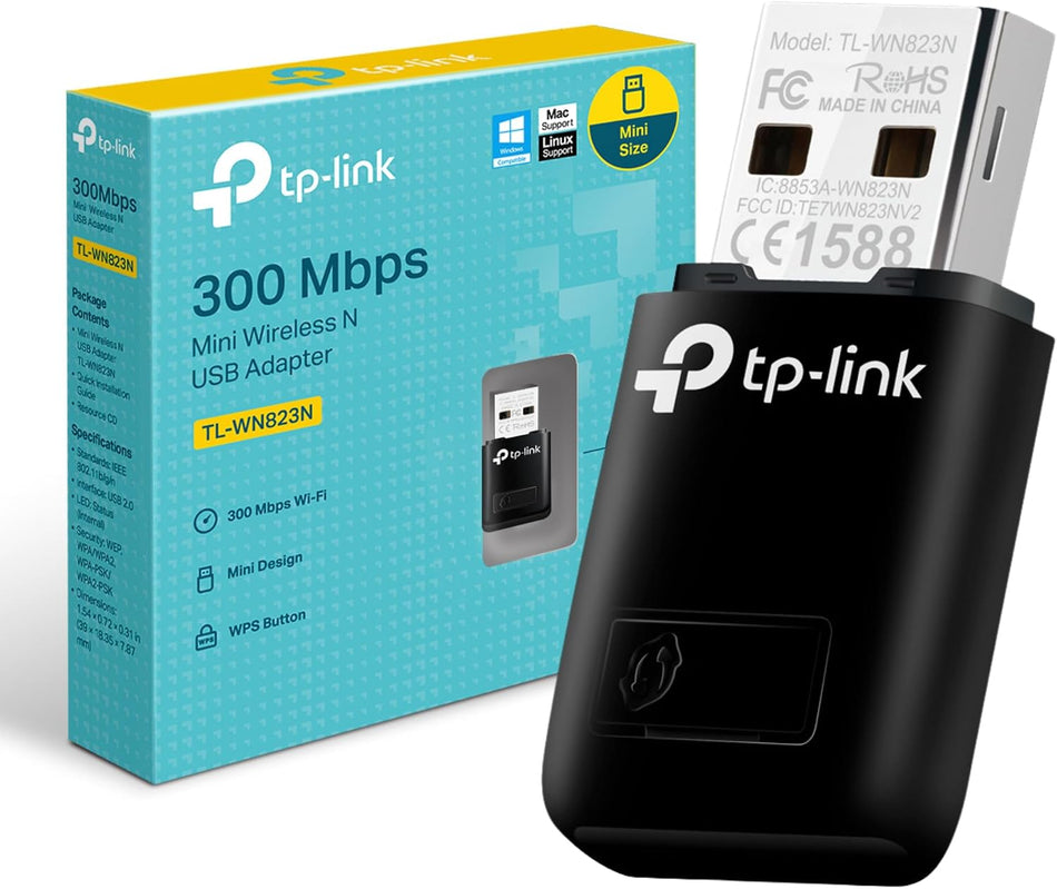 TP-Link TL-WN823N N300 Mini USB Wireless WiFi Network Adapter (300Mbps, 2.4GHz, SoftAP Mode, One-Touch WPS Button) for PC Desktop & Laptop