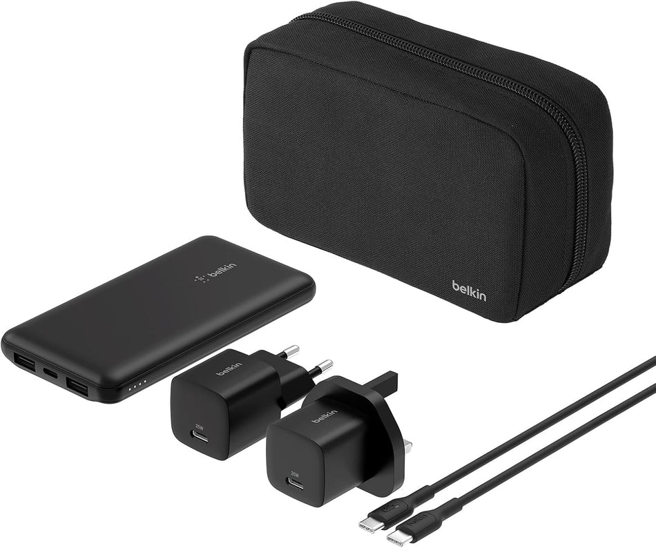 Belkin Portable Charger, 5-in-1 Power Bundle with 10000 mAh Power Bank, 2-25W USB-C Charging Block, EU/UK Plug, 60W USB-C Cable, and Travel Pouch