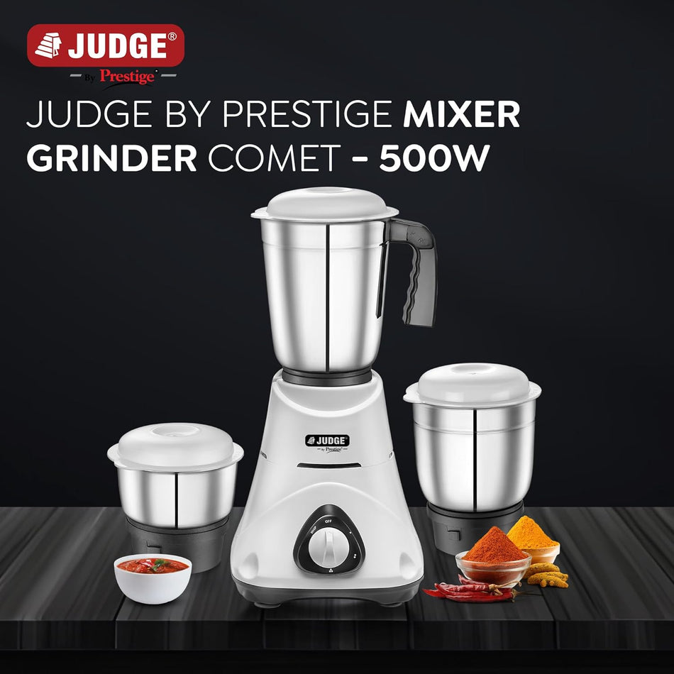 Judge by Prestige Comet 50112 Mixer Grinder – 500W Efficient Motor with 3 Stainless Steel Jars | 3 Efficient Stainless Steel Blades| Overload Protector