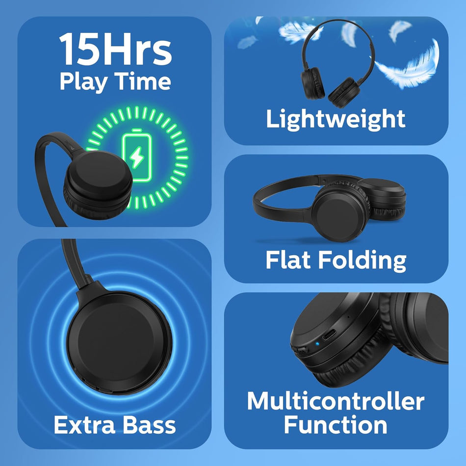 Philips TAH1108BK Wireless Bluetooth On-Ear Headphones - Lightweight Design, Clear Sound & Long Battery Life - Black