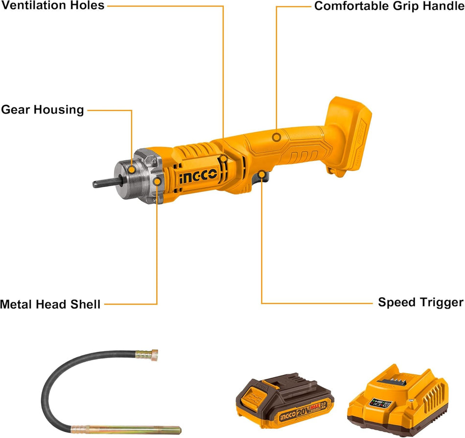 INGCO 20V Lithium-Ion Handheld Concrete Vibrator (CCVLI2023011) – 2300RPM Performance, Includes 2.0Ah Battery, Optimized for High-Efficiency Air-Bubble Removal and Superior Concrete Finishing in Professional Construction Applications.