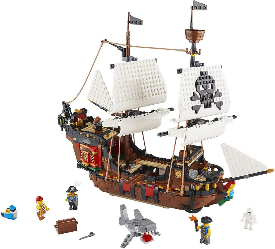 LEGO Creator 3in1 Pirate Ship Building Set - Toy Ship with Inn, Skull Island, Featuring 4 Minifigures, Shark Figure, Gift for Kids-31109