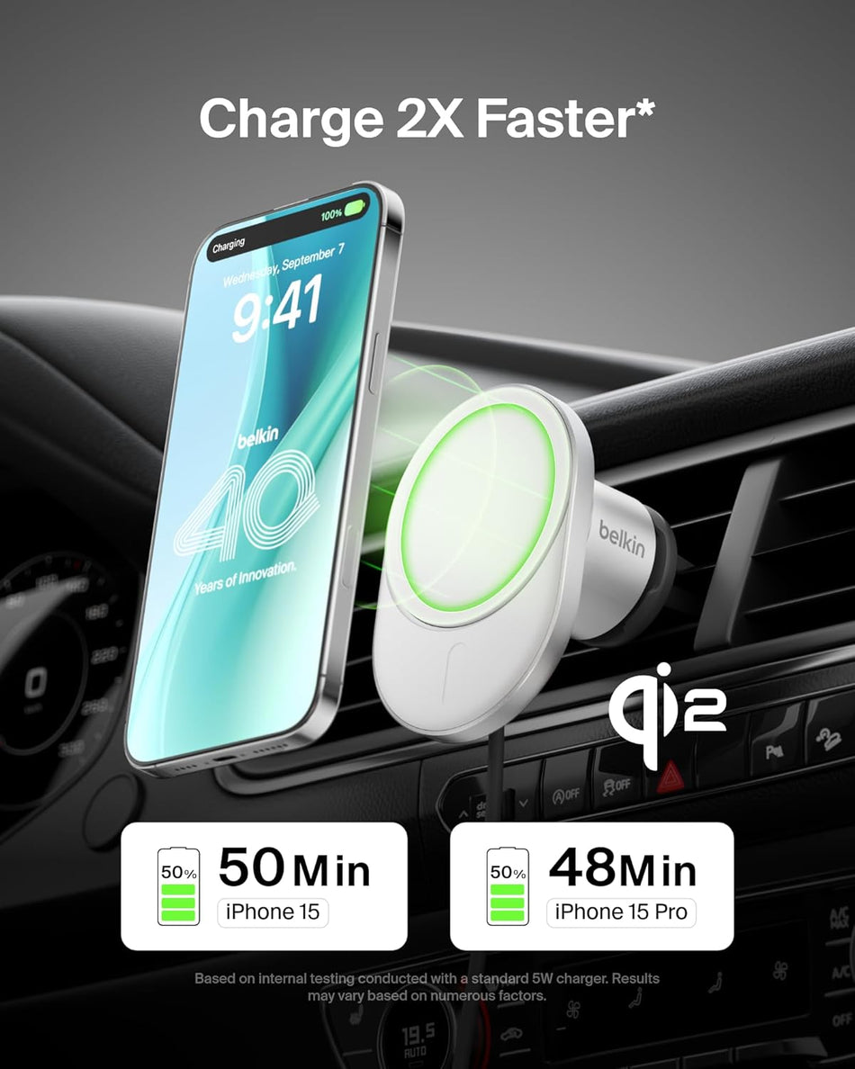 Belkin MagSafe Wireless Car Charger 15W, Fast Charging Wireless Charger Magnetic Vent Holder  Car Phone Mount - White