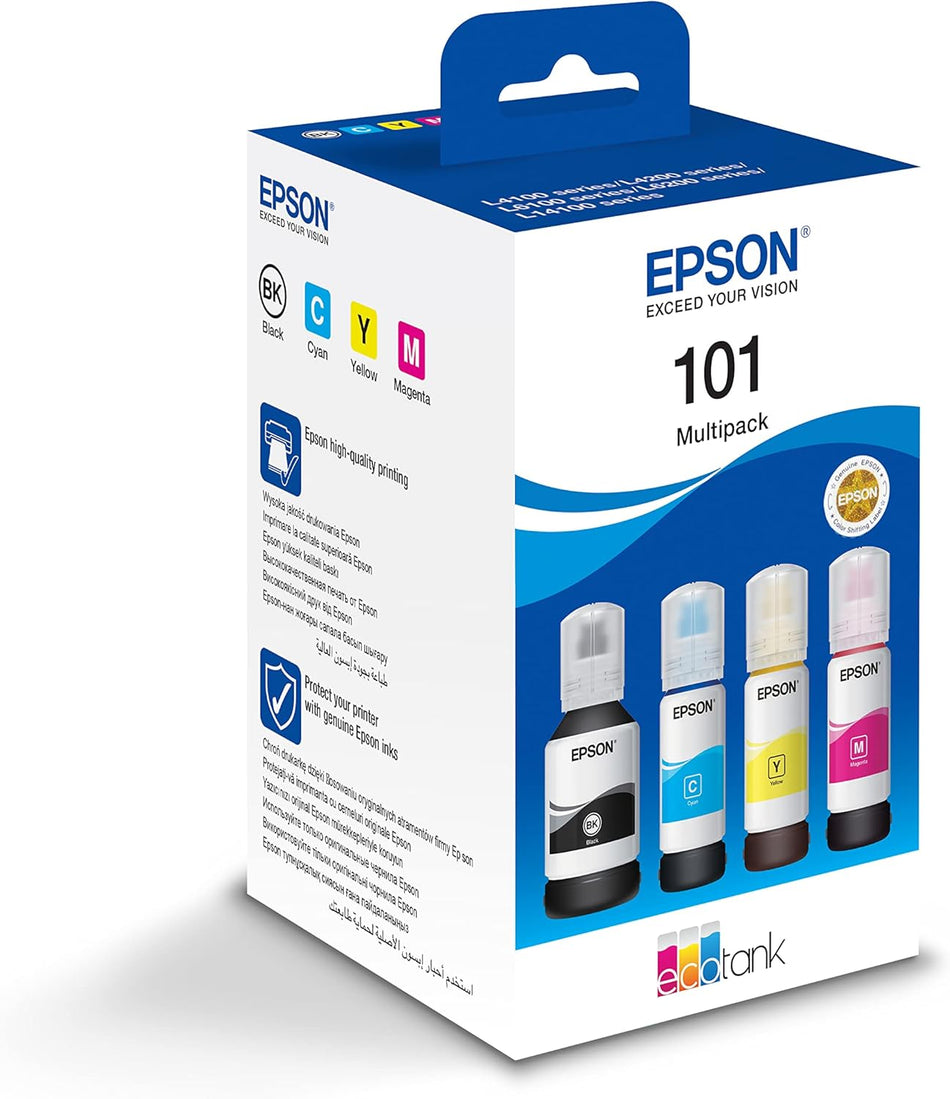 Epson 101 Ink EcoTank 4 colour Multipack 337 ml , Black, Magenta, Cyan, Yellow, Ink Bottle (EPS_C13T03)
