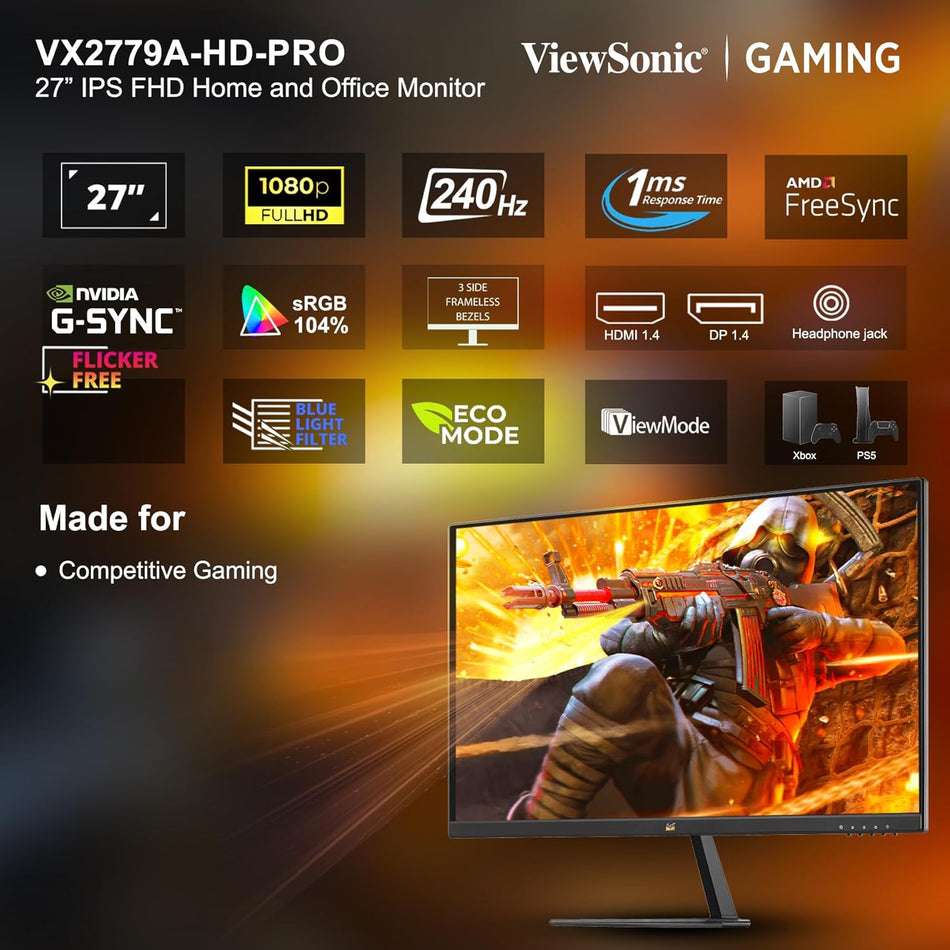 ViewSonic VX2779A-HD-PRO 27 inch Full HD 240Hz 1ms response AMD FreeSync NVIDIA G-Sync  Gaming Monitor