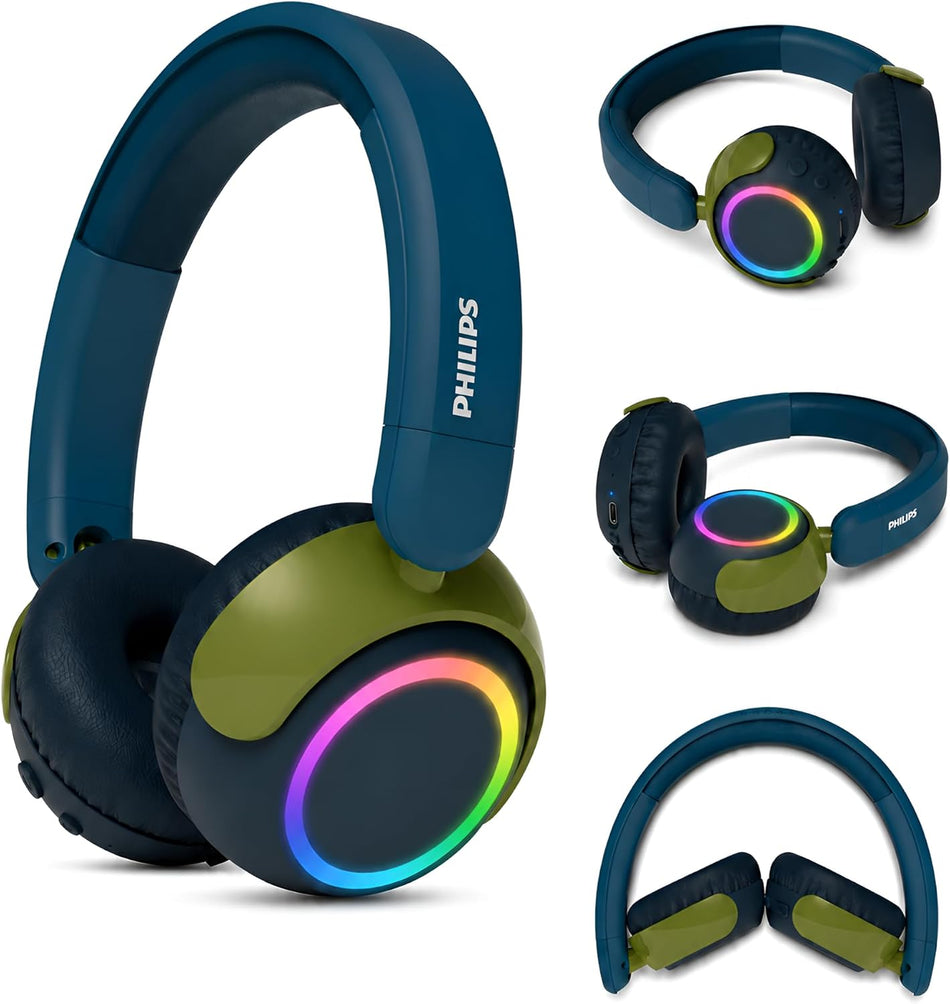 Philips TAK4200CT/00 Kids Wireless On-Ear Headphones - Volume Limited 85dB for Safe Listening, 45 Hours Battery Life, Audio Sharing Port, Colorful LED Lights & Foldable Design - Crystal Teal