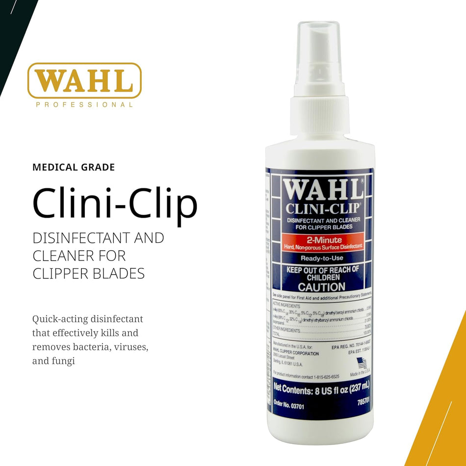 Wahl Professional Clini-Clip Spray, Fast-Acting Cleaner and Lubricant for Clipper Blades, Purifies Grooming Tools, Reduces Friction and Heat8OZ 03701