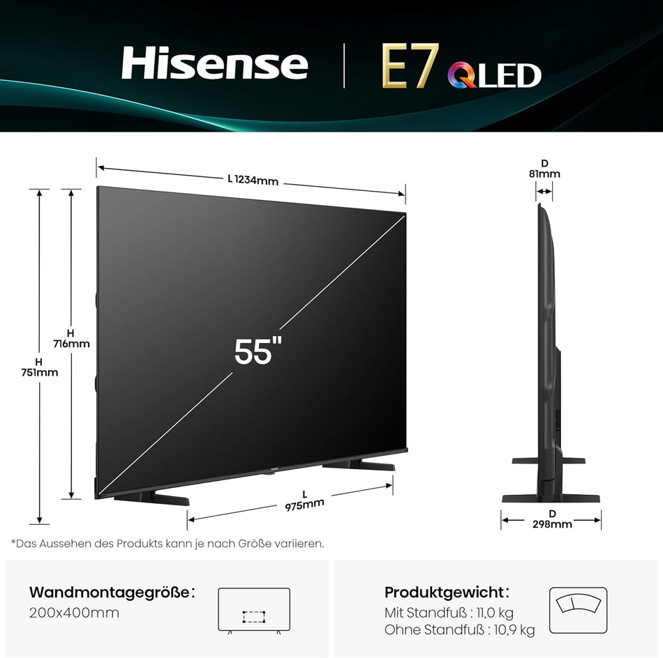 Hisense 55E7Q 55 Inch 4K UHD QLED TV, Smart TV, Game Mode Plus, Filmaker Mode, Dolby Vision Atmos, HDR10, HLG, HDR Immersive, AI 4K Upscaler, Dolby MS12, DTS X, Voice Control (2025) [Energy Class E]
