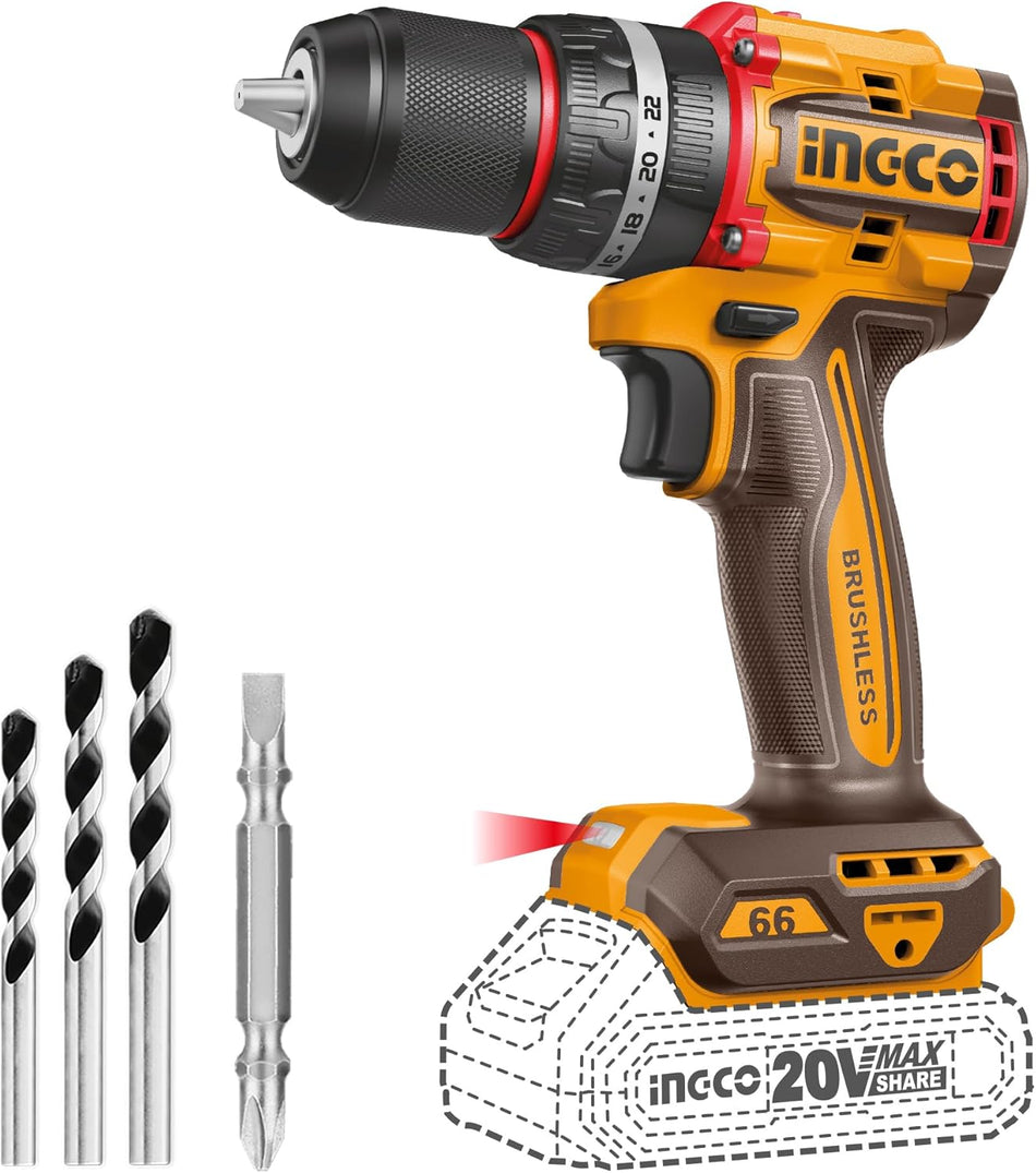 INGCO 20V Cordless Hammer Drill (Body Only), Compact Impact Drill 66NM, Brushless Motor, Variable Speed Control, 22+1+1 Torque Setting with LED Work Light CIDLI206681