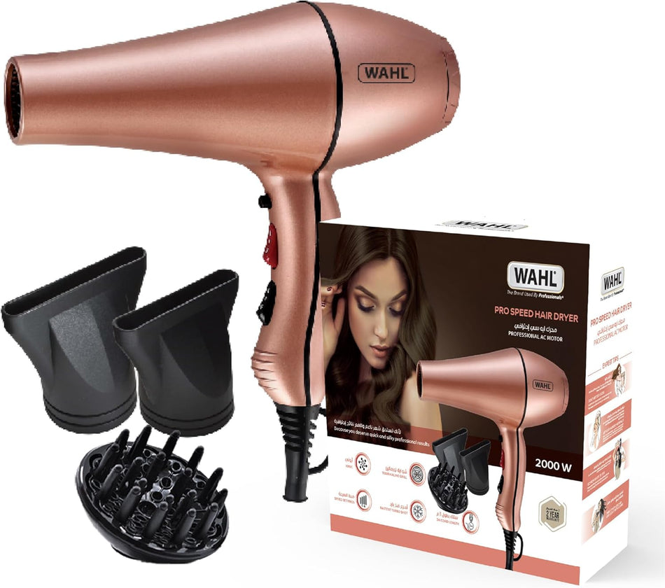 WAHL Pro Speed 2000W Hair Dryer for Women & Men – Ionic & Tourmaline Blow Dryer with 2 Nozzle Attachments, 3 Heat & 2 Speed Settings, Cool Shot, Ergonomic Lightweight Design, 3m Cord – 5454-027