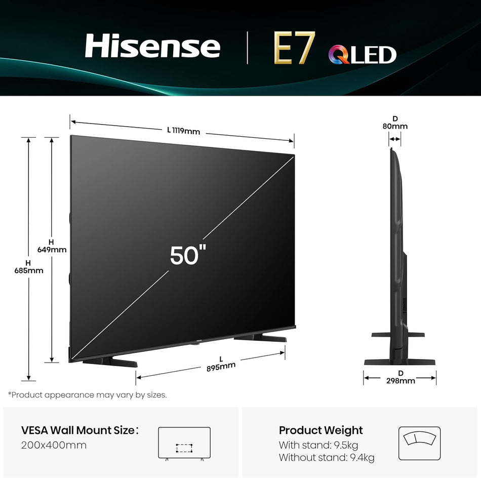 Hisense 50 inch QLED Smart TV E7Q-Quantum Dot Colour, AI Picture, Dolby Vision, Dolby Atmos, Share to TV, Voice Control, Filmmaker Mode, Youtube, Netflix, Disney+ 50E7Q