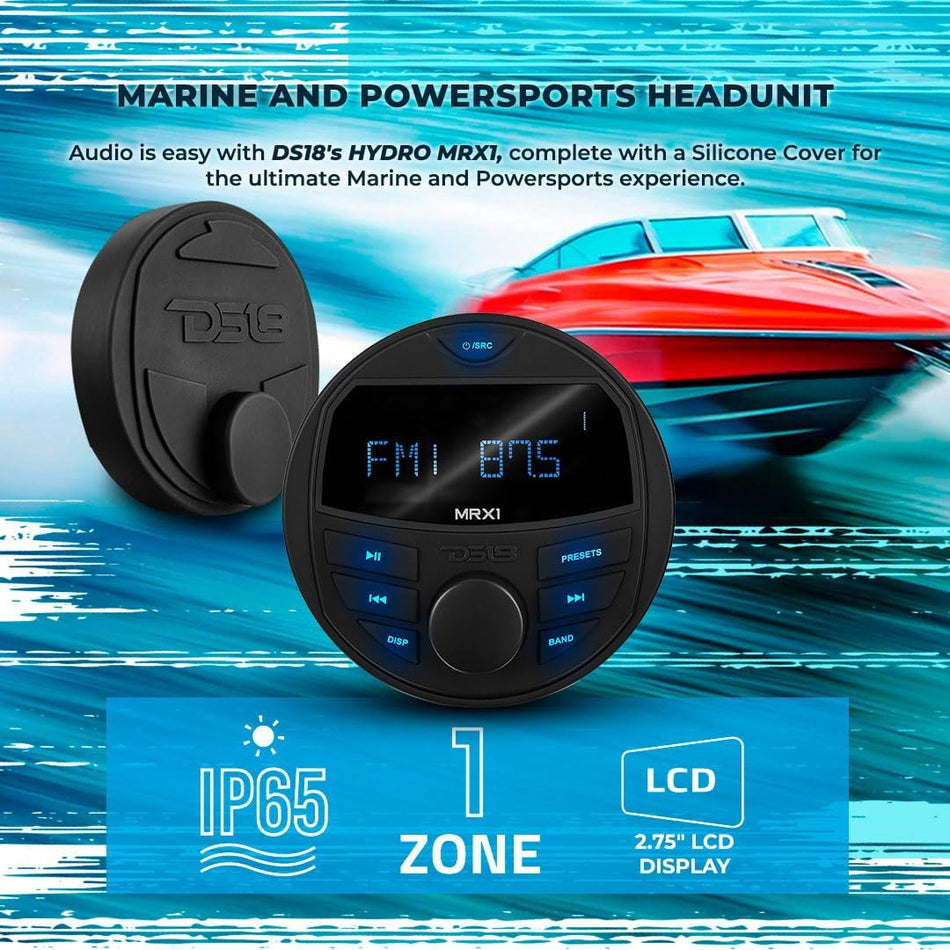 DS18 Hydro MRX1 Marine and Powersports Digital Media Gauge Receiver Head Unit, 1-Zone Control, 2.75-Inch LCD Screen, 4V Pre-Amp Output, Bluetooth Audio, IP65 Waterproof Rated, RDS 4 x 40 Watts AM/FM Radio (No CD Player)