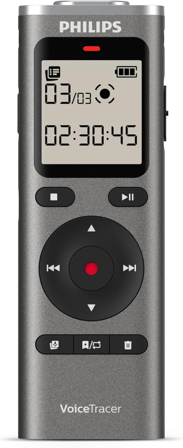 Philips VoiceTracer, Audio Recorder, 8GB, Micro SD Card Slot, 360° Microphone for Excellent Sound