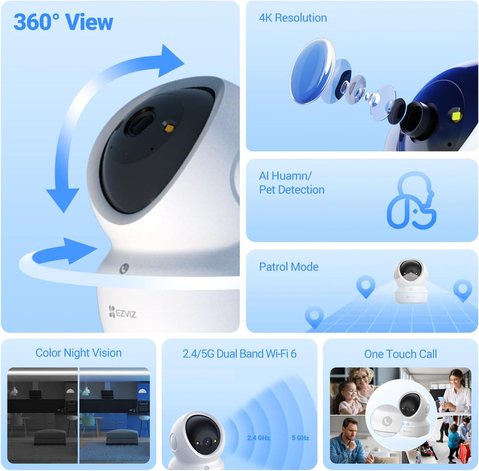 EZVIZ H6c G1 4K 8MP Indoor PT Smart Home Camera an & Tilt, Color Night Vision, WDR, Auto Tracking and Patrol, Smart Human/Pet Detection, 2-Way Calling with Touch Button, 2.4G & 5G Dual Band Connection