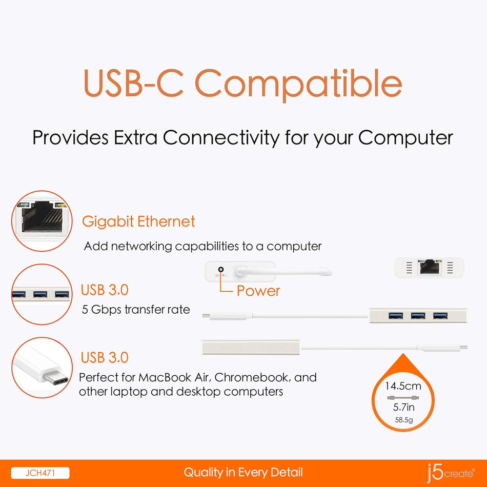 j5create JCH471 USB Type-C Hub Adapter with Gigabit Ethernet and 3X USB 3.0 Ports
