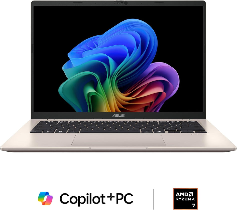 ASUS Vivobook 14 Laptop, Copilot+ PC, 14” WUXGA 60Hz Display, AMD Ryzen AI 7 350 with XDNA NPU, AMD Radeon Graphics, 16GB RAM, 512GB SSD, Platinum Gold, M1407KA-PS74