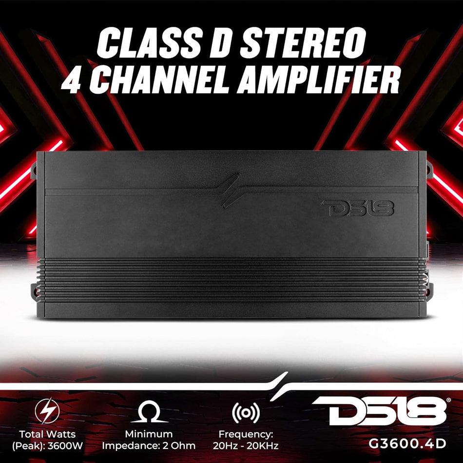 DS18 G3600.4D Generation-X 4-Channel Class D Full-Range Amplifier, 3600 Watts Max, High-Power Compact Car and Truck Audio Stereo Amp