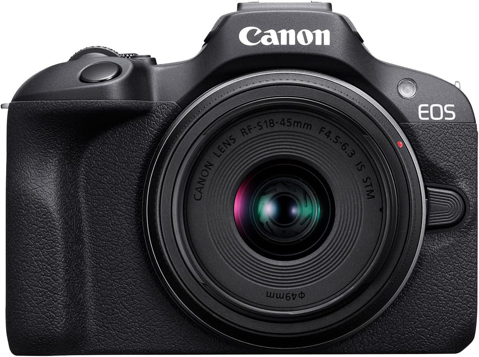 Canon EOS R100 Mirrorless Camera RF-S18-45mm F4.5-6.3 is STM Lens Kit, 24.1 MP CMOS APS-C Sensor, 4K Video, Wi-Fi, Bluetooth, Shoulder bag, SD Card 64GB, Battery pack