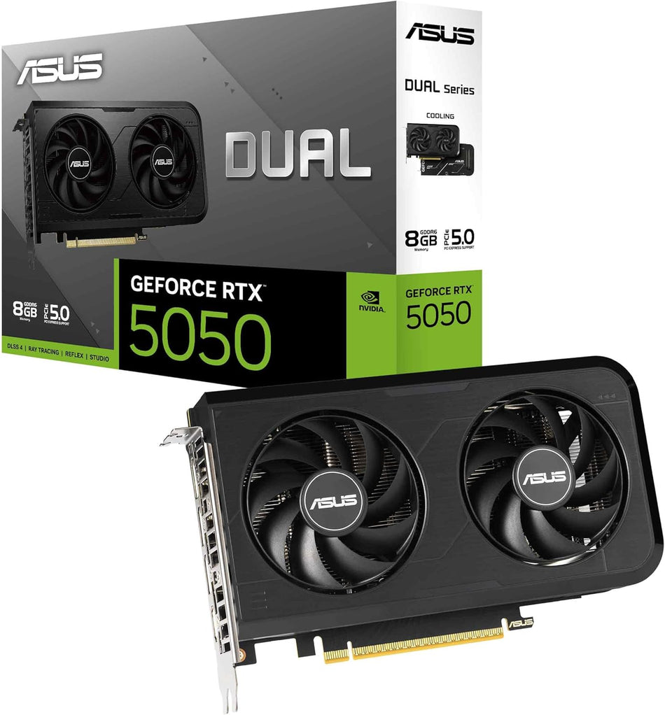 ASUS Dual GeForce RTX 5050 8GB GDDR6 OC Edition (PCIe 5.0, 8GB GDDR6, DLSS 4, HDMI 2.1b, DisplayPort 2.1b, 2-Slot, Axial-tech Fan Design, 0dB Technology, Dual BIOS DUAL-RTX5050-O8G