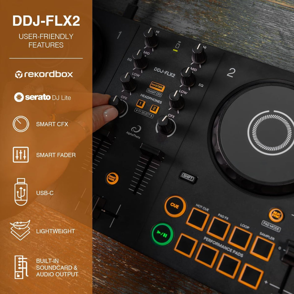 AlphaTheta Pioneer DDJ-FLX2 Compact 2-Channel DJ Controller, Smart Fader, USB-C | Start DJing faster with an included DJ course, streaming support, and beginner-friendly mixing features