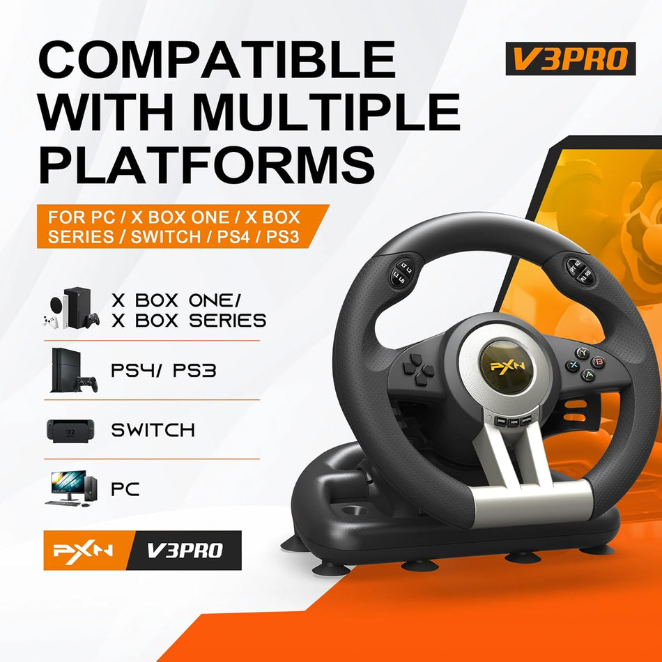 PXN V3 Pro Gaming Steering Wheel with Pedals | Dual Motor Vibration Feedback, Beginner Sim Racing Wheel for PC, PS4, Xbox Series S, Xbox Series X, Xbox One and Switch