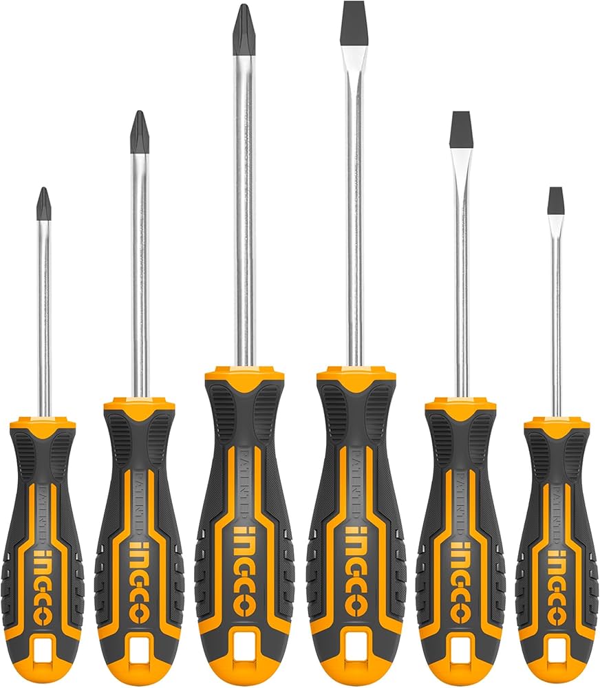 INGCO 6-Piece Heavy-Duty Screwdriver Set – Premium Chrome Vanadium (Cr-V) Round Blades, High-Torque Magnetic Tips, and Ergonomic Non-Slip Soft Grips (HKSD0628)