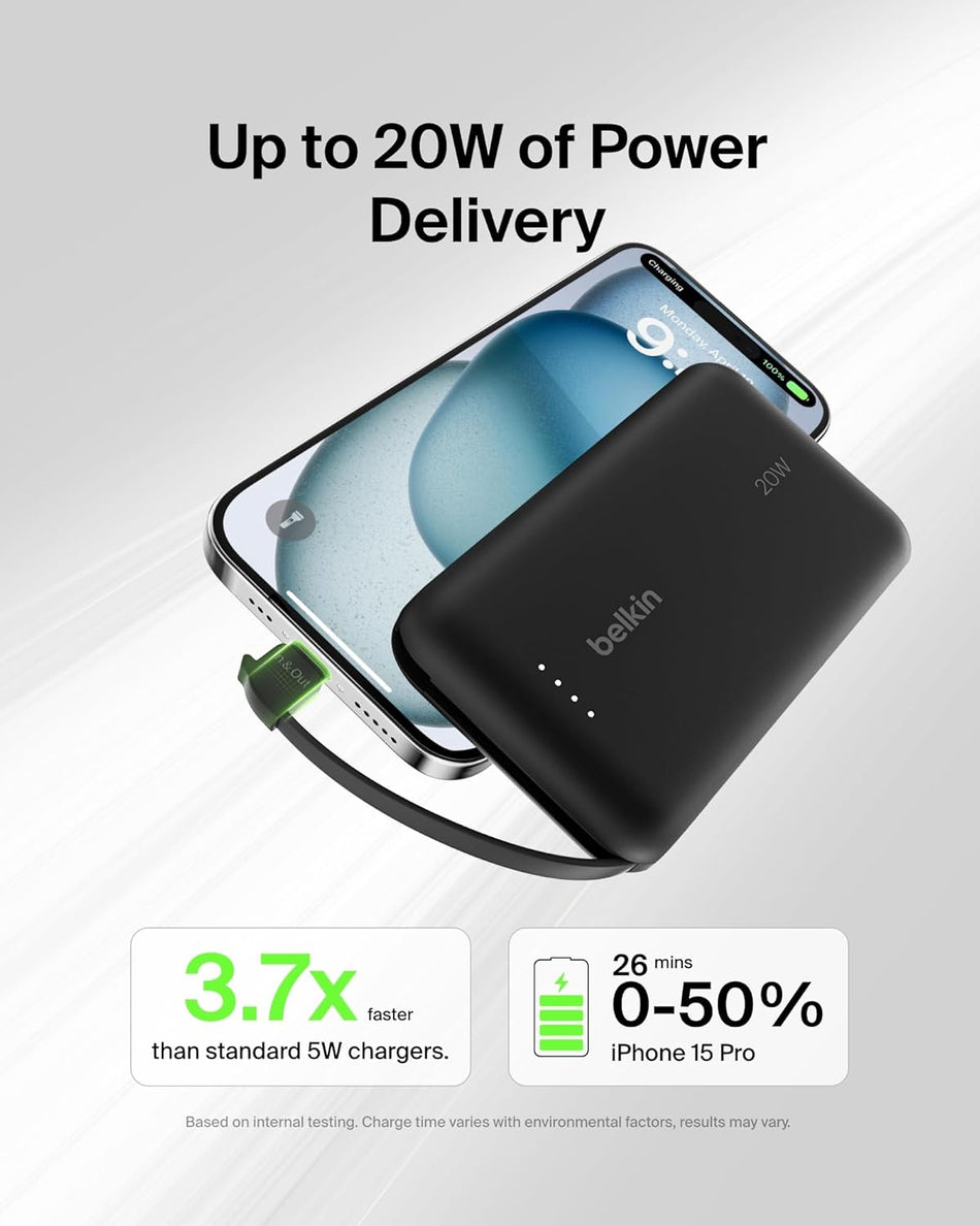 Belkin BoostCharge power bank 10000mAh, portable power bank with integrated cable PD 20W, fast charge USB-C power delivery