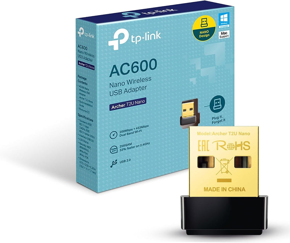 TP-Link Nano AC600 USB WiFi Adapter(Archer T2U Nano)- 2.4G/5G Dual Band Wireless Network Transceiver for PC Desktop, Travel Size, Supports Windows (11,10, 8.1, 8, 7, XP/Mac OS X 10.9-10.14)