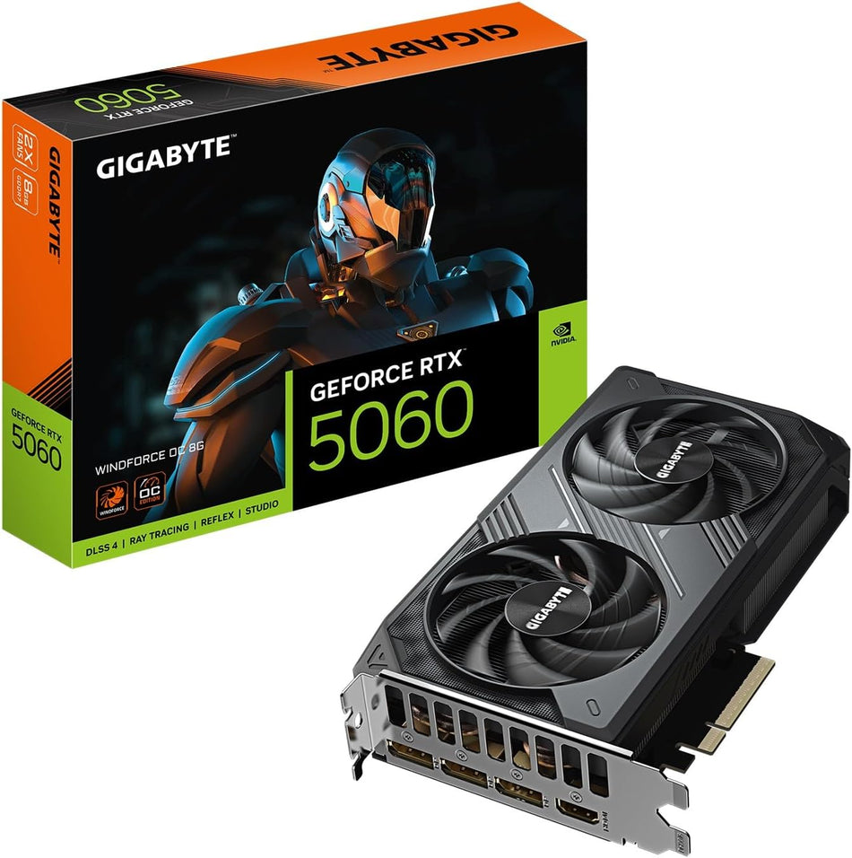 GIGABYTE GeForce RTX 5060 WINDFORCE OC 8G Graphics Card, Cooling System, 8GB 128-bit GDDR7, PCIe 5.0, Manufactured by NVIDIA, DisplayPort & HDMI - Video Output Interface , Video Card - GV-N5060WF2OC-8GD
