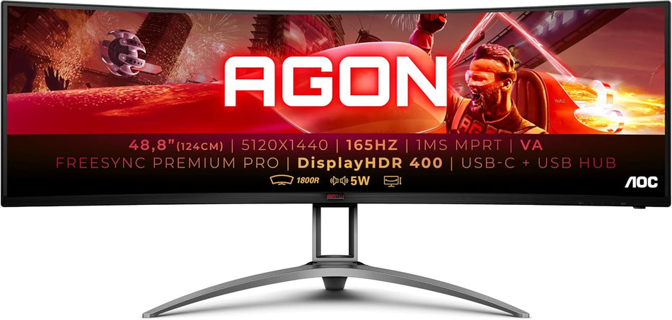 AOC AGON AG493UCX2 49" DQHD Curved 1800R VA SuperWide 32:9, 5120x1440, 165Hz 1ms(MPRT)/FreeSync Premium/HDR400/Adjustable Stand/3x HDMI2.0 (HDR)/DP1.4 (HDR)/USB-C 65W/Spk/USB Hub