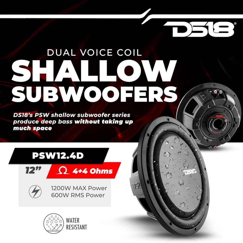 DS18 PSW12.4D Shallow-Mount 12-Inch Dual 4-Ohm Subwoofer, Water Resistant, 1200 Watts Max, 600 Watts RMS, High-Output Car and Truck Audio Bass Loudspeaker (Single)